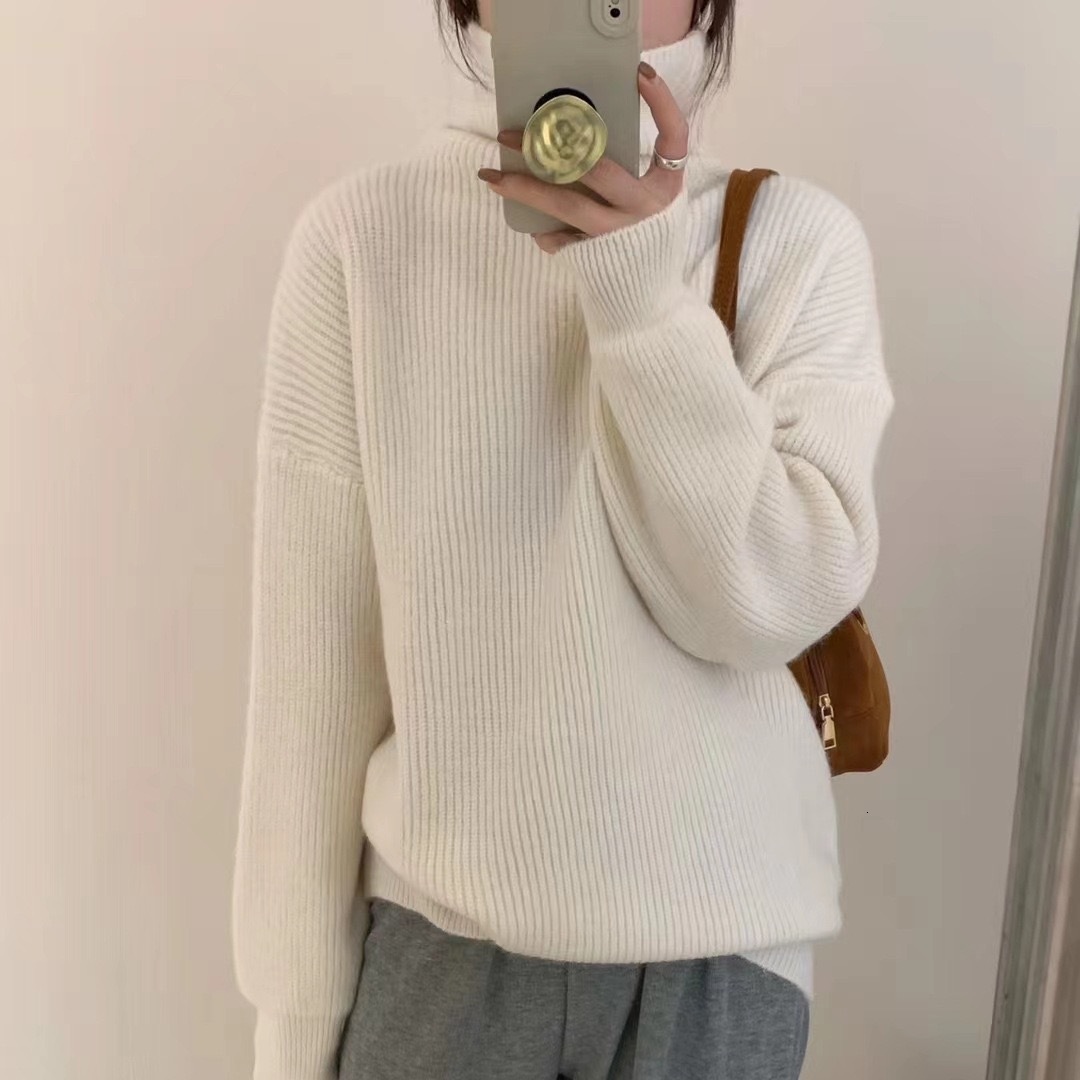 Autumn winter new soft and sticky pullover loose long sleeved solid color simple high neck lazy style knitted sweater top for women dongdumaoyi