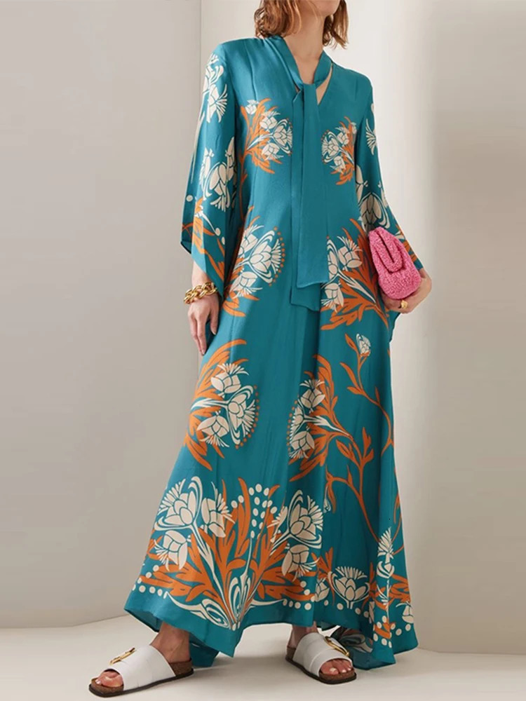3D Print Spliced Maxi Dress Muslim Women Robes Vintage V Neck Flare Long Sleeve Summer Ladies Elegant Party Casual Dresses 240808