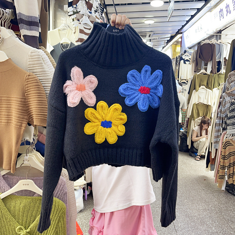 Fashion heavy industry splicing three-dimensional flower temperament high neck long sleeved sweater design sense loose short versatile top trendy dong