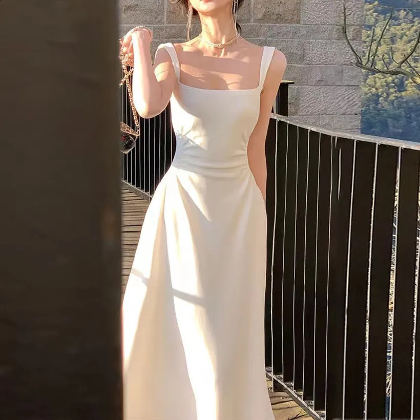 Summer Evening Party White Midi Dress Office Lady Slim Sexy Sleeveless Strap Dress Beach Style Women One Piece Dress Korean 240809