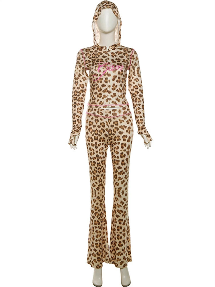 WLWXR Autumn Leopard Print 2 Piece Set Causal Street Outfits Women Y2K Fashion Long Sleeve Zip Hooded Crop Tops Pants Set 240809