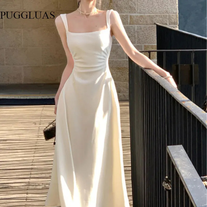 Summer Evening Party White Midi Dress Office Lady Slim Sexy Sleeveless Strap Dress Beach Style Women One Piece Dress Korean 240809