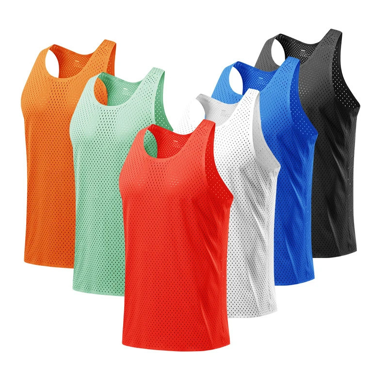 Summer Running Vest Men Mesh Quick Dry Bodybuilding Sleeveless Tank Tops Shirt Fitness Singlets Casual Crew Neck Tops 240808