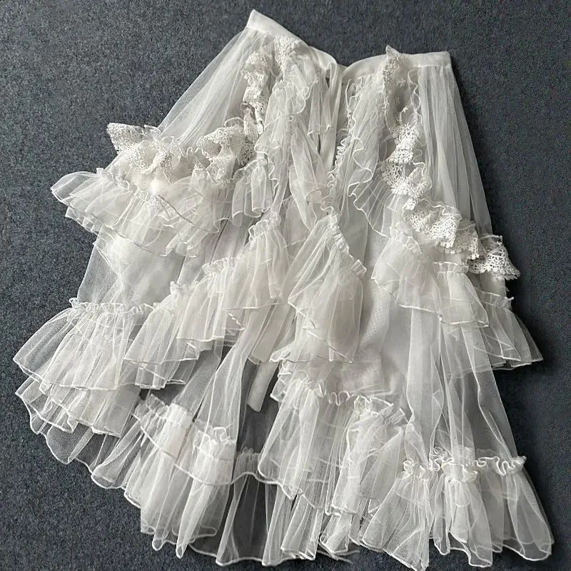 Double Layered Lolita Waist Curtain Sheer Cover Up High Low Skirt w. Asymmetrical Ruffles 240809