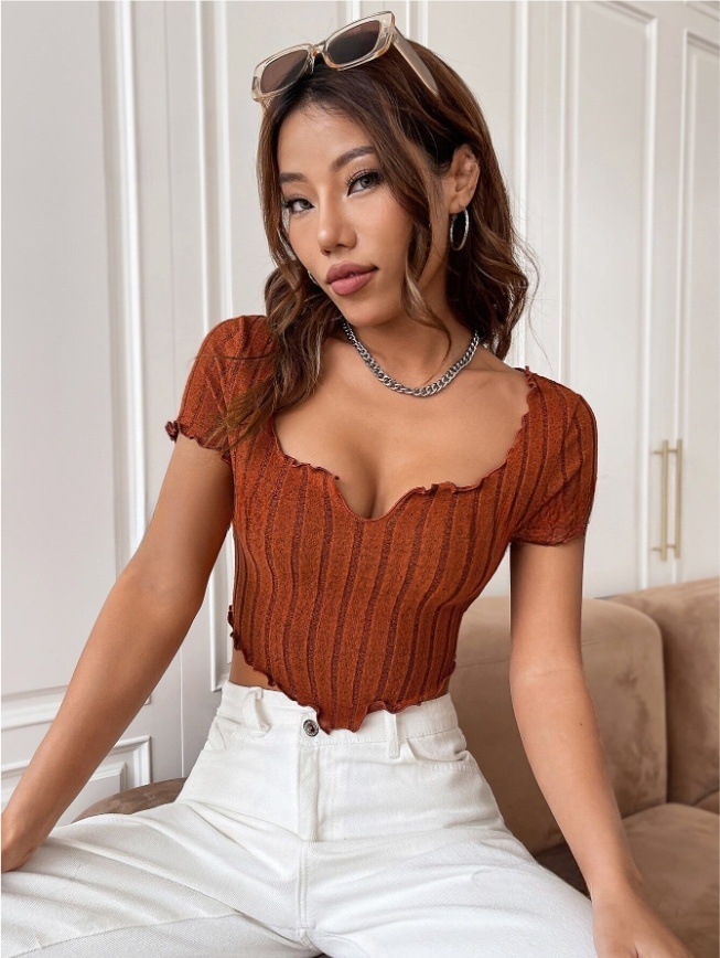 Summer U-shaped Notch Collar Solid Color Top Slim and Short Sleeved T-shirt