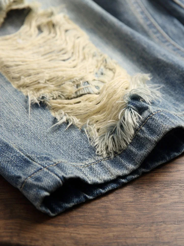 Retro Ripped Mens Denim Shorts Streetwear Hip Hop High Street Fashion Casual Short Jeans Male Stretch Straight Ripped Shorts 240809