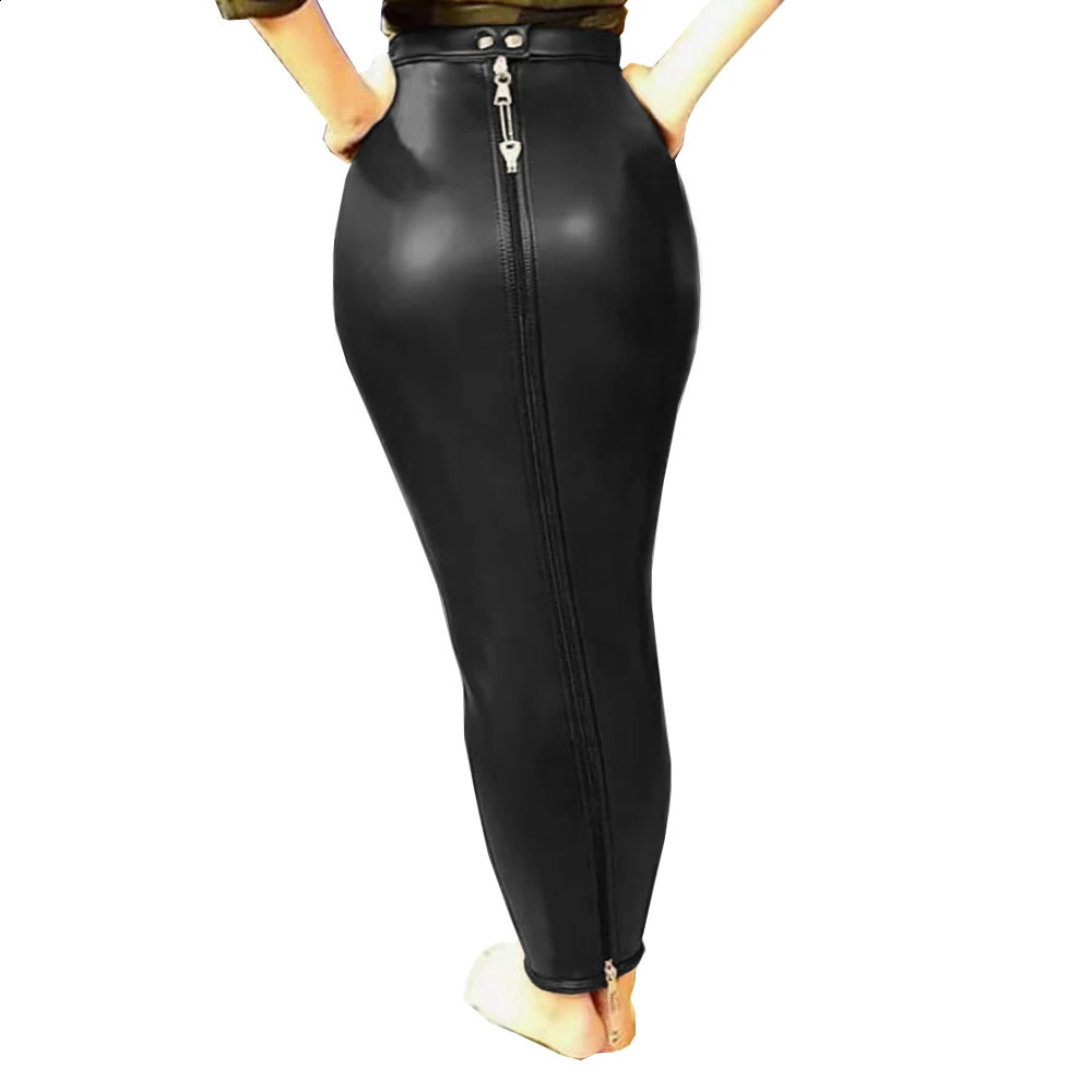 Sexy Female Women PU Leather High Waist Full Zip Lockable Bodycon Sissy Hobble Pencil Skirts Long Skirt Erotic Fetish Elegant 240809