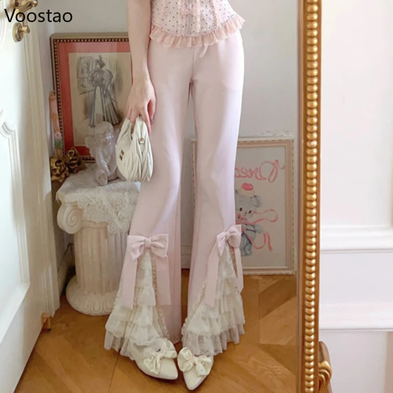 Pink Sweet Lolita Style Pants Women Vintage Kawaii Bow Lace Ruffles Flared Pants Female Korean Elegant Casual Fairy Trousers 240809