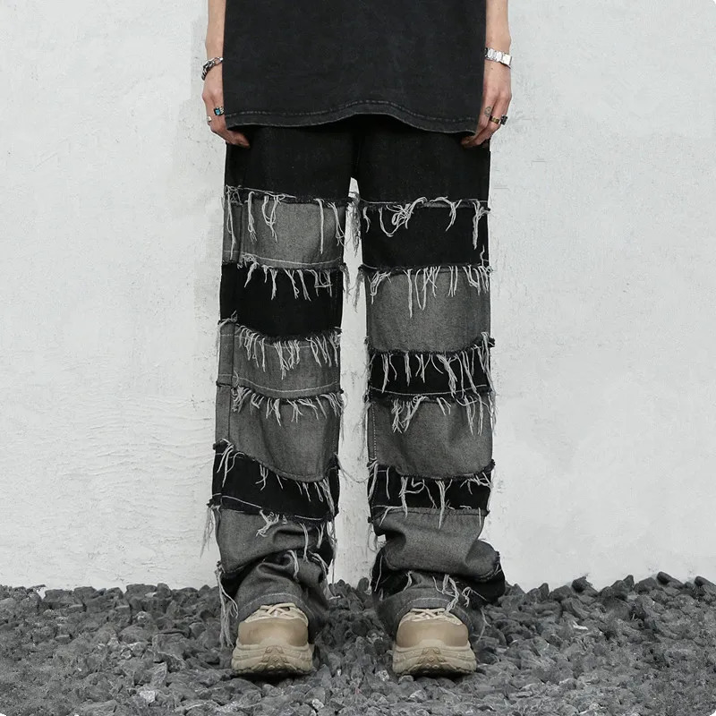 Ropa Grunge Y2K streetwear bag stacking jeans mens clothing patch work straight loose pants Pantalones Hombre 240809