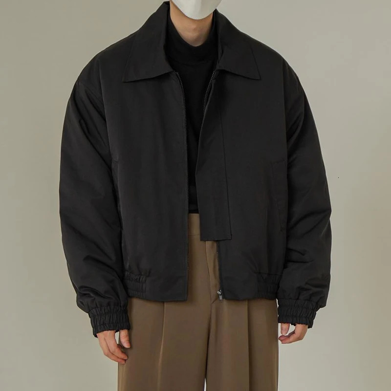 Spring and autumn vintage solid color lapel long sleeved jacket for men with rib sleeves zipper pockets casual cardigan240808