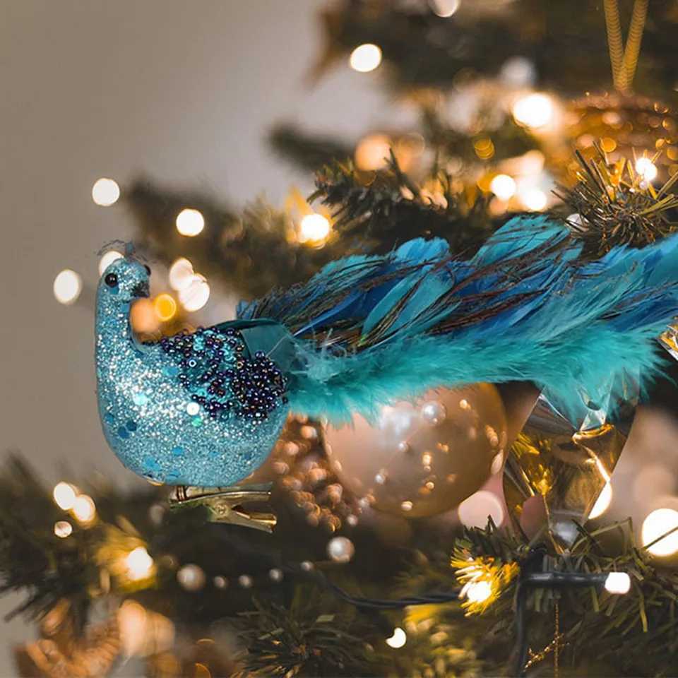 Simulated Blue Pea Natural Feather Glittery 27*8*9cm Metal Clip For Christmas Tree Decorations Home Party Kids Decor Gifts Y240808