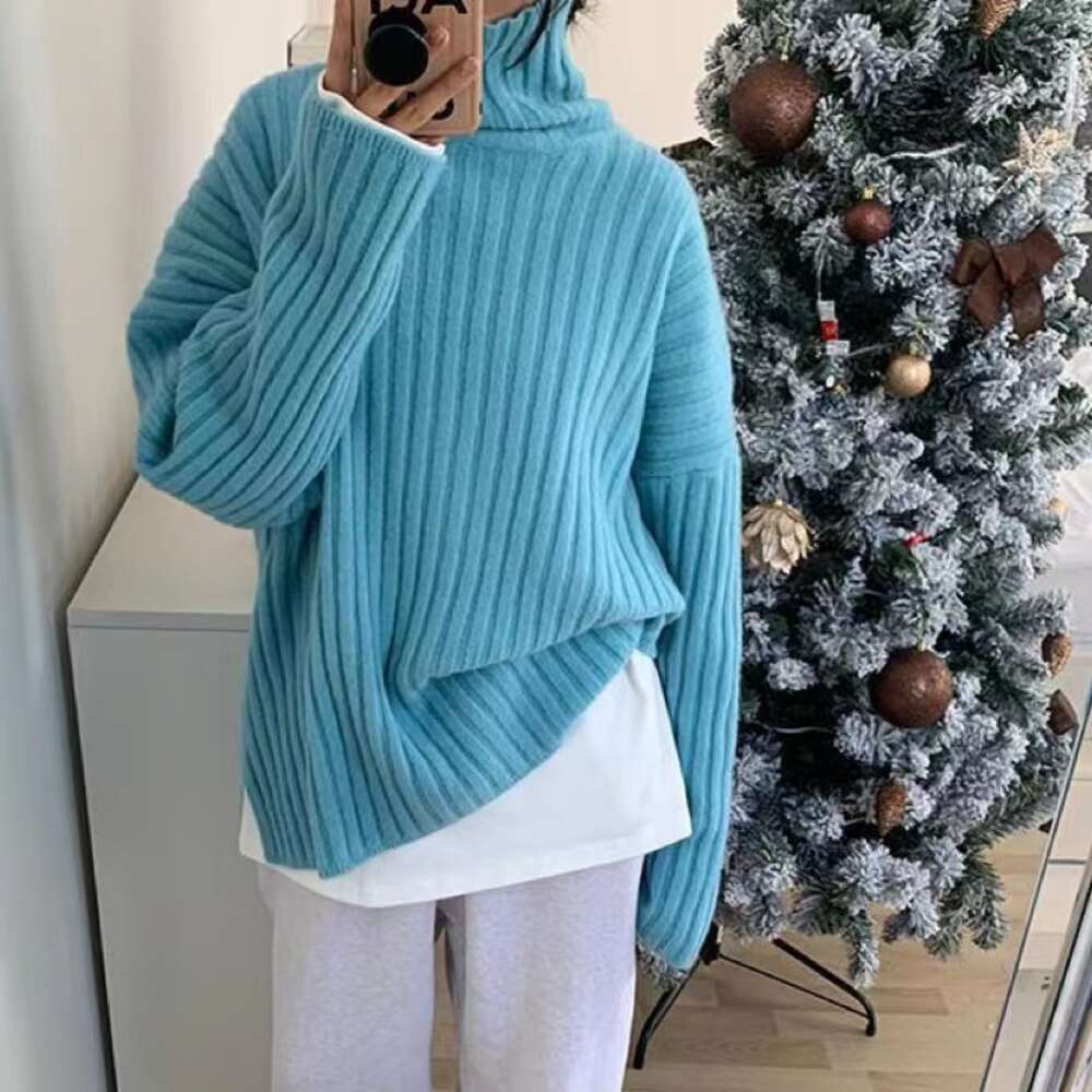 Solid color outerwear, high neck knitted sweater for women's autumn and winter new loose long sleeved base top dongdumaoyi