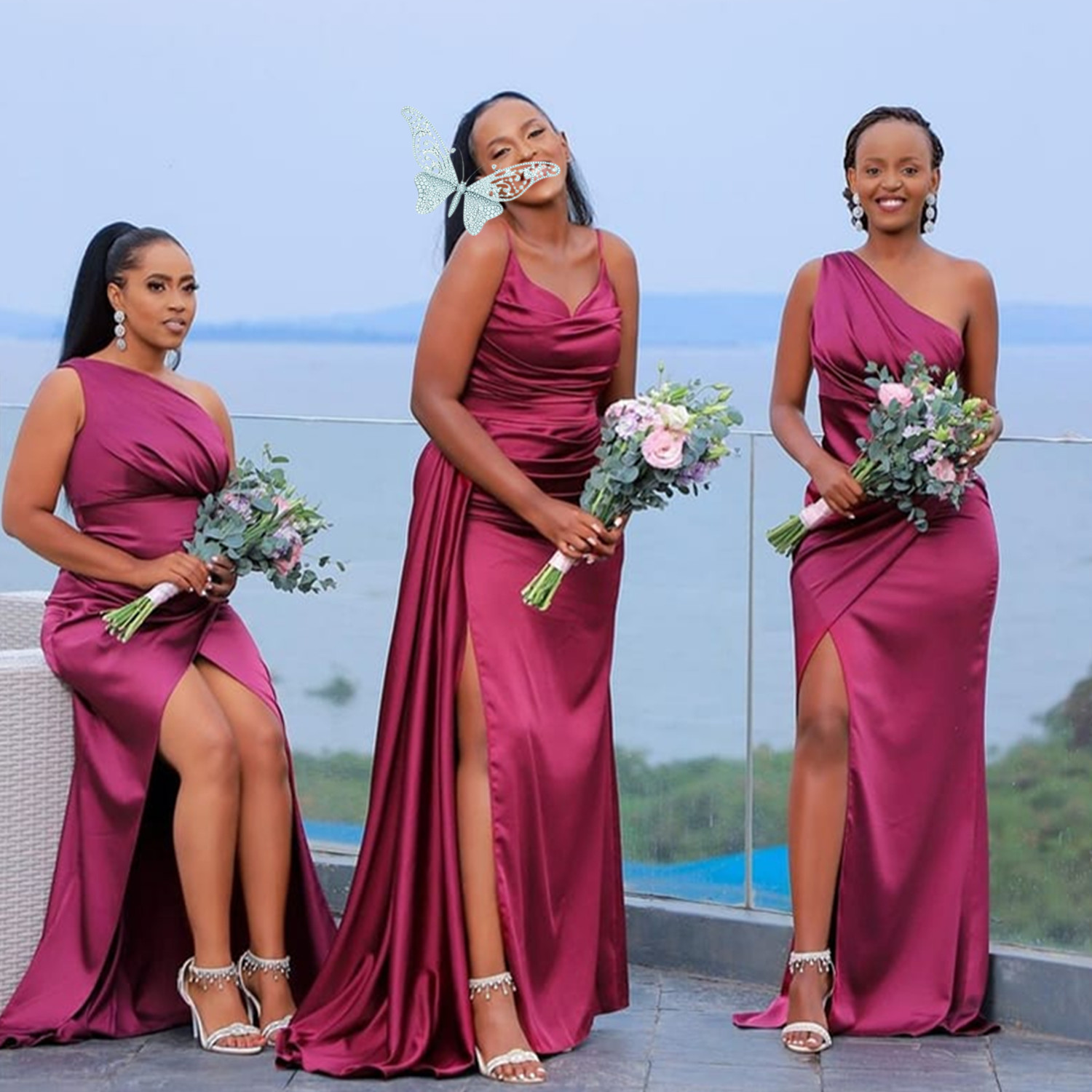 Long Fuchsia Mermaid Bridesmaid Dresses Side Split Wedding Guest Dress African Black Girls Maid of Honor Gown Plus Size Robes De Soiree Mariage Custom