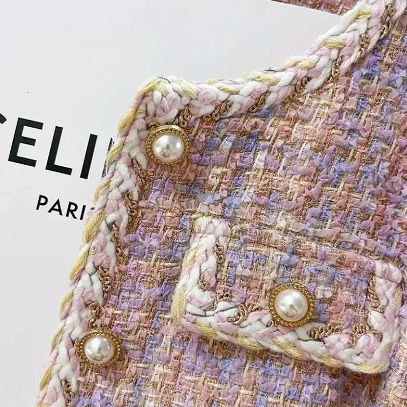 Elegant Purple Pink Tweed Style Womens Jacket Winter Round Neck Socialite Style Western-style Clothes Suit 240809