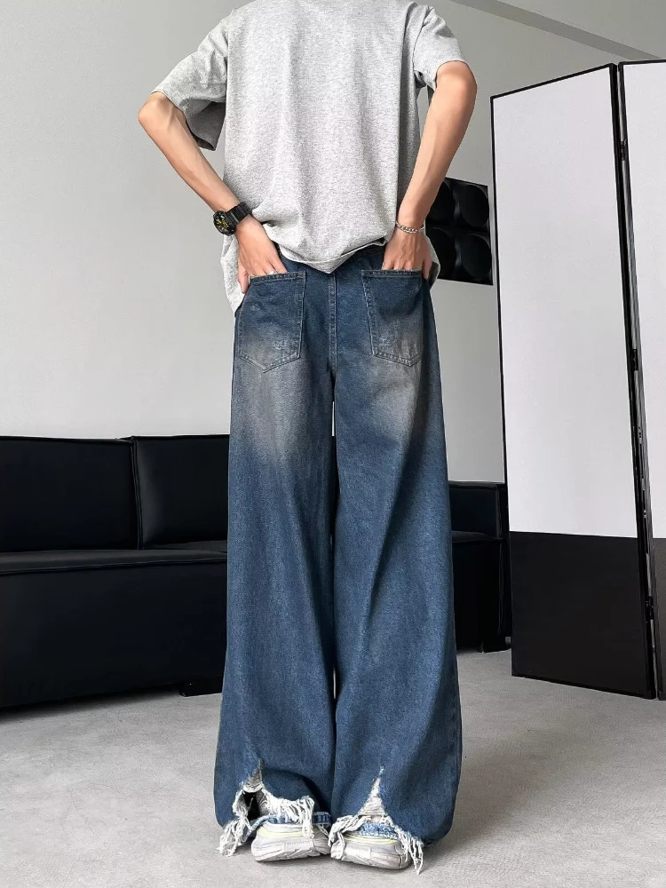 HOUZHOU Hip Hop Ripped Baggy Jeans Men High Street Male Distressed Denim Wide Leg Pants Casual Trousers Vintage Streetwear Loose 240821
