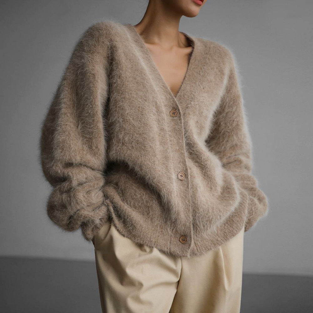 Imitation Mink Wool Knitted Sweater Cardigan Autumn/winter Lazy Loose Long Sleeved V-neck Sweater Jacket for Women