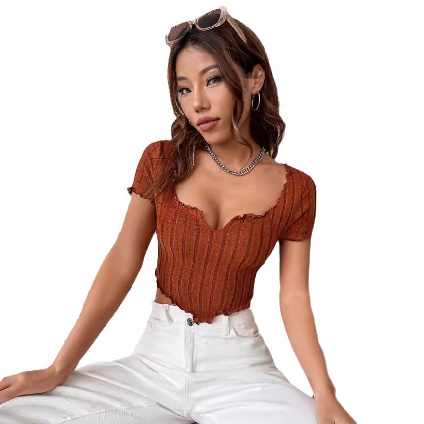 Summer U-shaped Notch Collar Solid Color Top Slim and Short Sleeved T-shirt