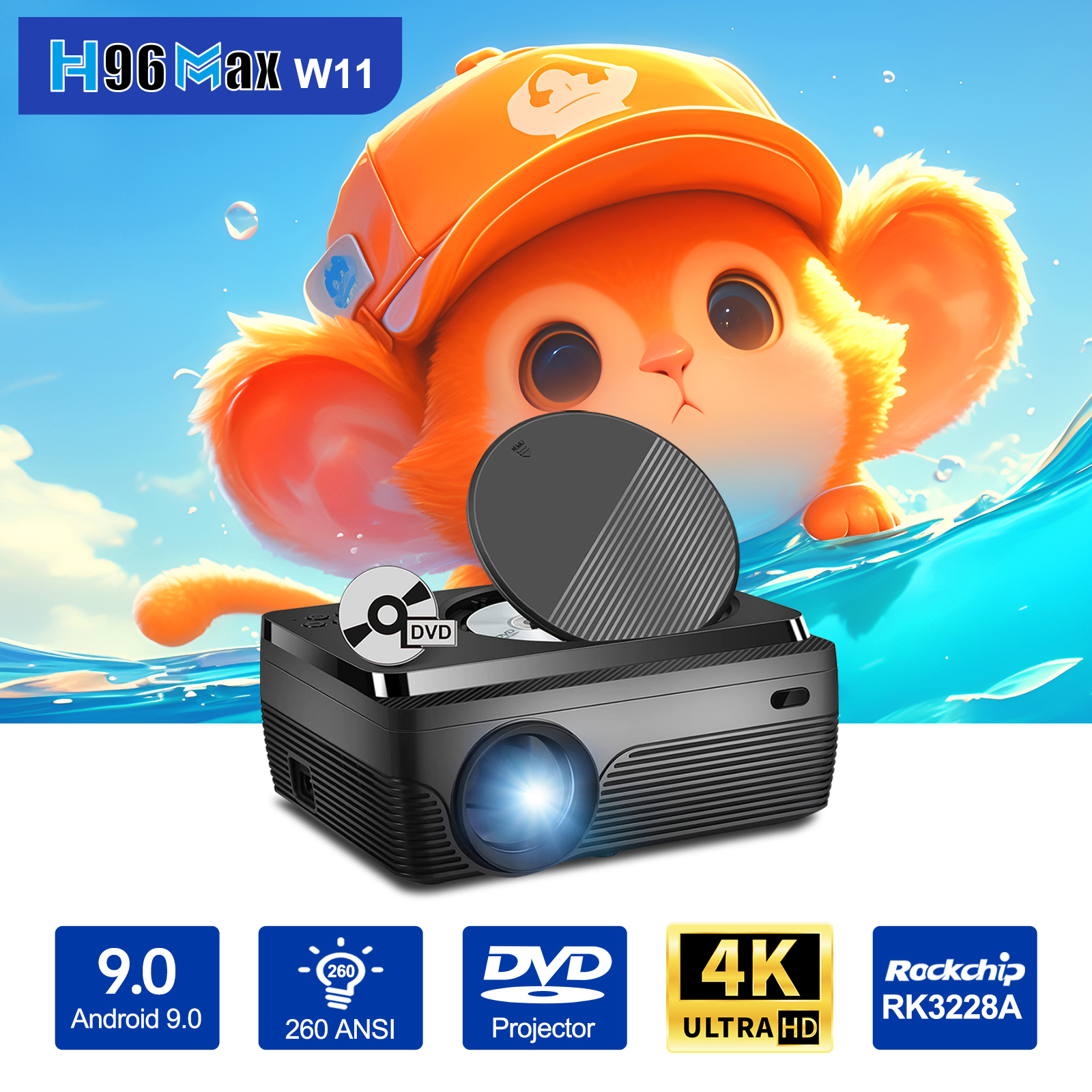 2024 NEW BY DHL H96 MAX W11 Smart DVD Projector 1080P 260ANSI Android 9.0 4K 2G 16G RK3228A BT4.1 Media Player