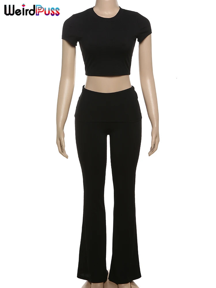 Weird Puss Casual Women Tracksuit 2piece Set Solid Short Sleeve Crop TopsFlare Pants Skinny Elastic Matching Streetwear Outfits 240808