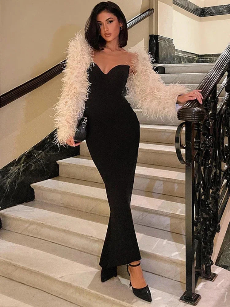 WeiYao Black Sexy V-neck Fit Bodycon Wrap Hip Maxi Dress Summer Backless Slim Long Dress Evening Party Dresses For Women 240809