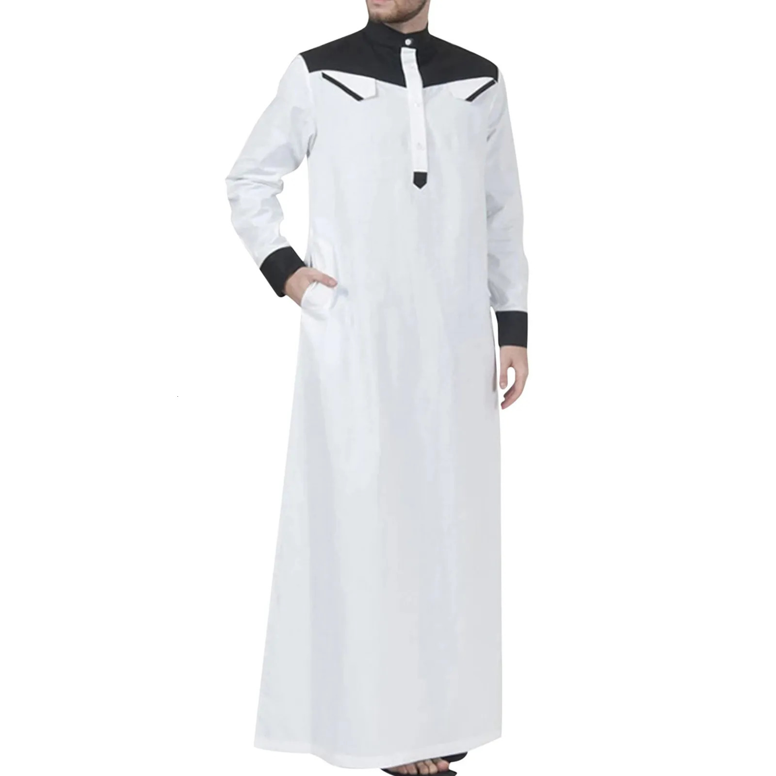 Traditional Muslim Clothing Contrast Color Dress Middle East Juba Thobe Mens Robe wLong Sleeve Mandarin Collar 240808