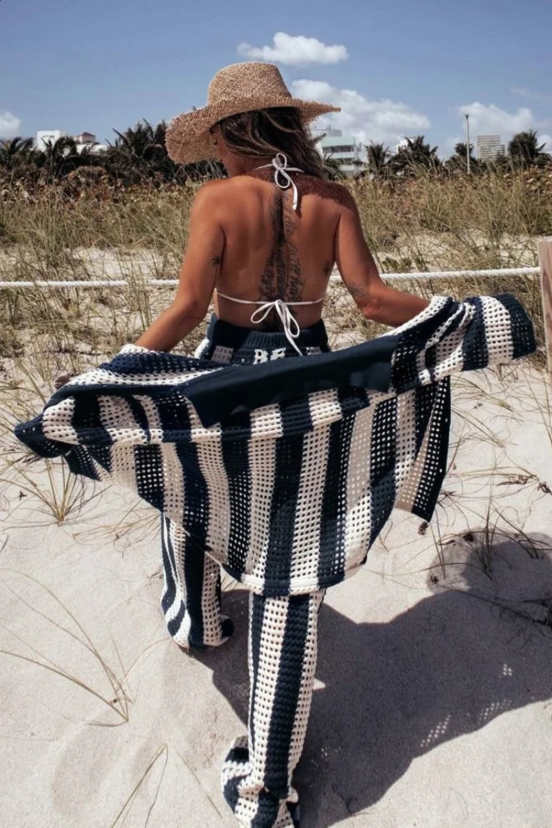 Summer Casual Holiday Vertical Stripe Outfits Women Wide Leg Lapel V-Neck Hollow Out Two Piece Suits Loungewear Beach Pant Sets 240809