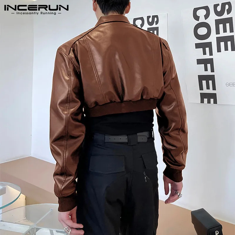 INCERUN Tops 2024 Korean style mens zipper shoulder pad cut jacket casual loose solid long sleeved leather S5XL 240808