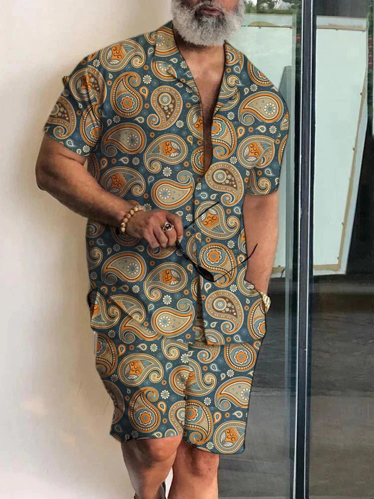 2024 Men Sets Print Patchwork Lapel Short Sleeve Casual Shirt Beach Shorts Summer Streetwear Vacation Hawaiian Suits Men S-5XL 240808