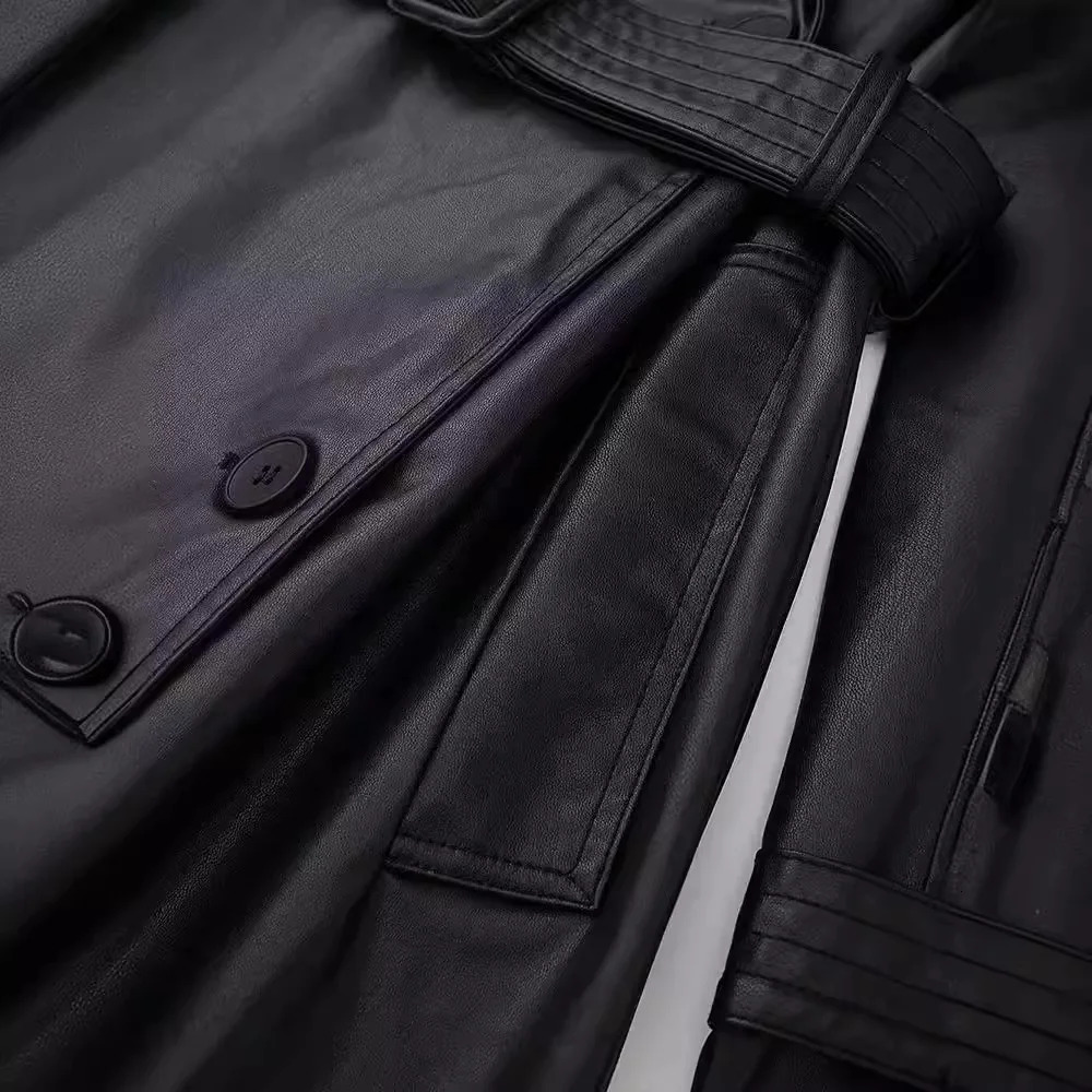 Autumn and Winter Long Oversized Black Pu Leather Trench Coat for Women Belt Double Breasted Loose Casual Korean Fashion 240809