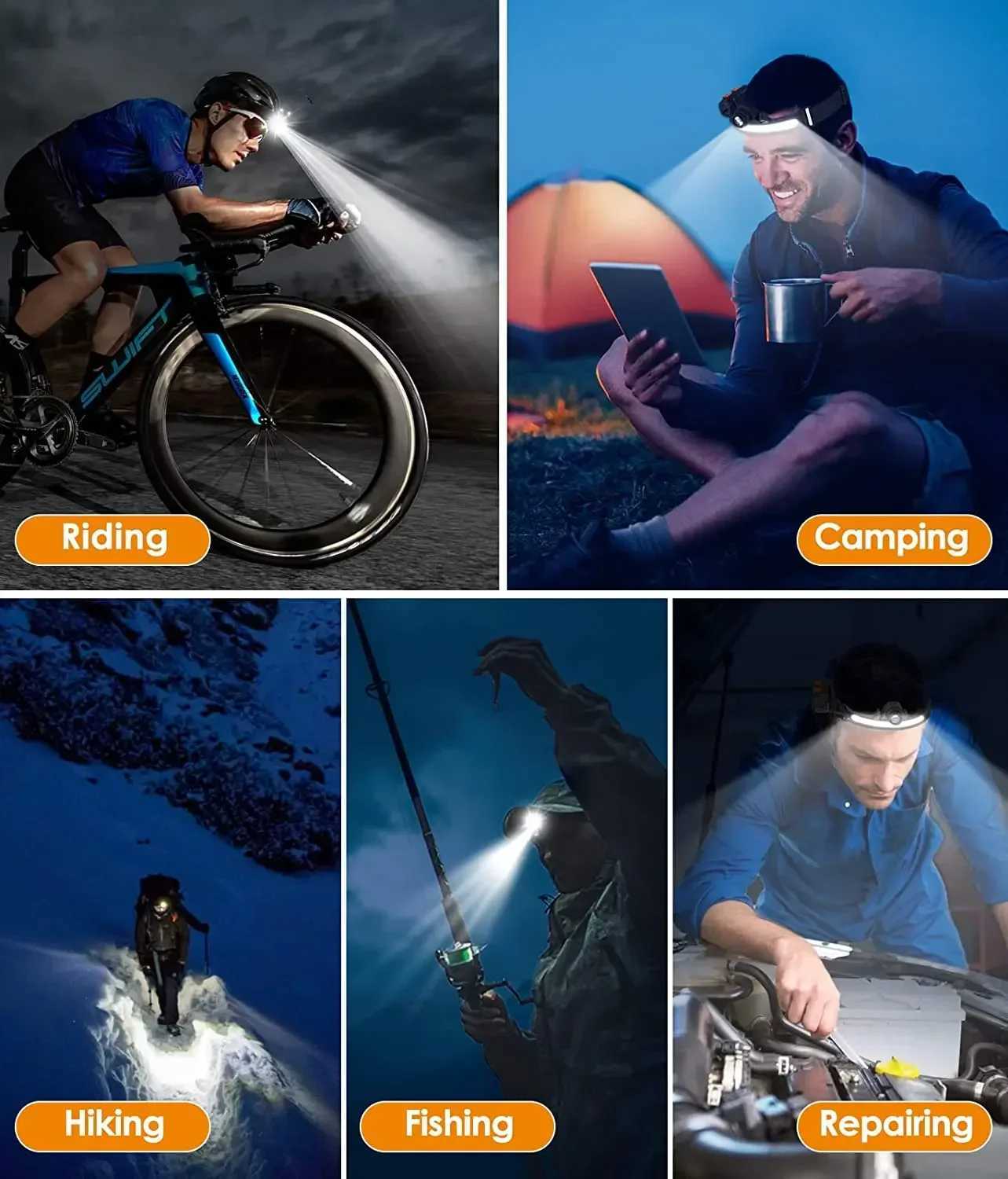 USB Rechargeable Induction Headlamp Zoom COB LED Head Lamp Built in Battery Flashlight Multifunction 6 Modes Head TorchCL240807