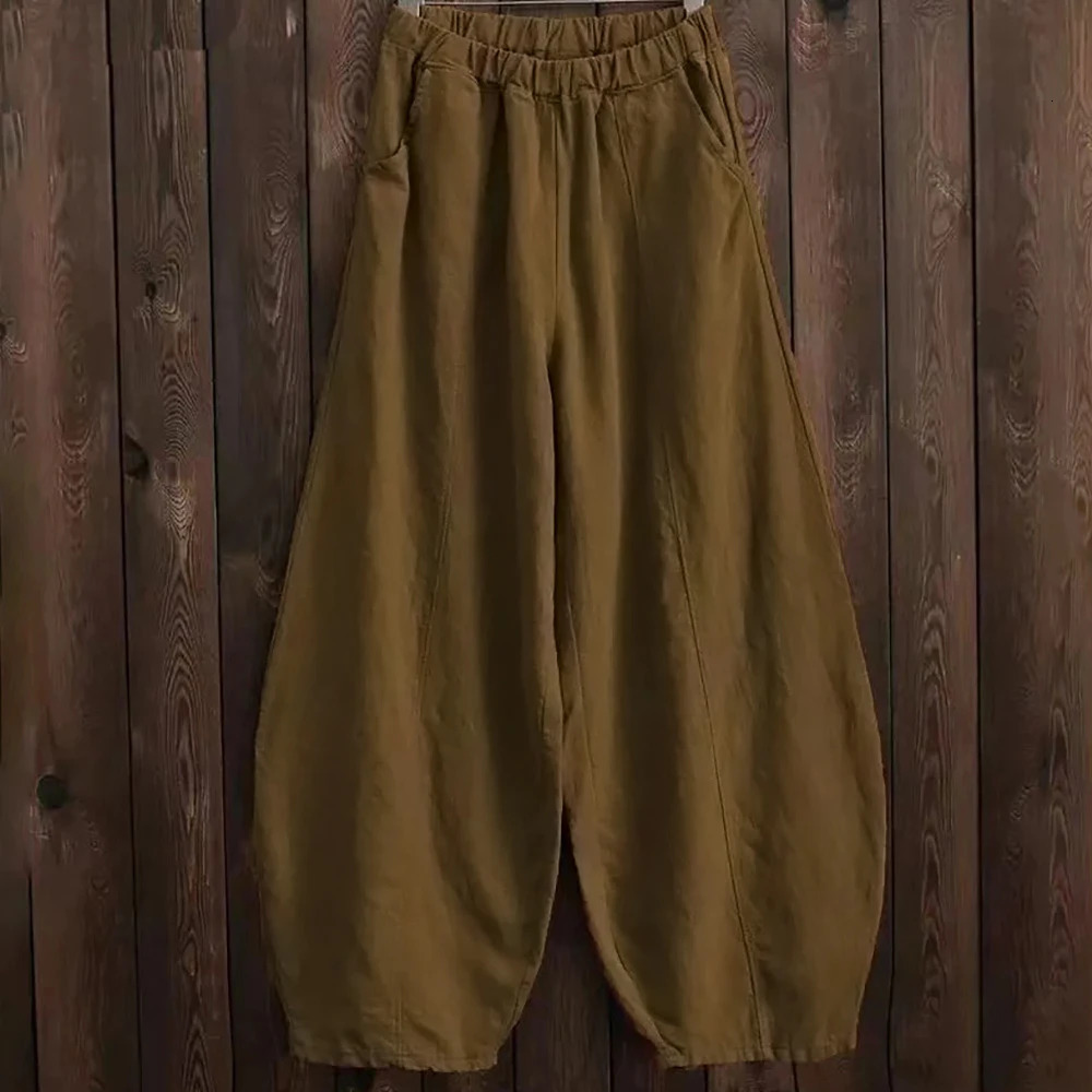 Spring Summer Cotton Linen Style Bloomers Wide Leg Pants Women Vintage Full Length Elegent Pants Solid Elasitic Waist S-5XL 240816