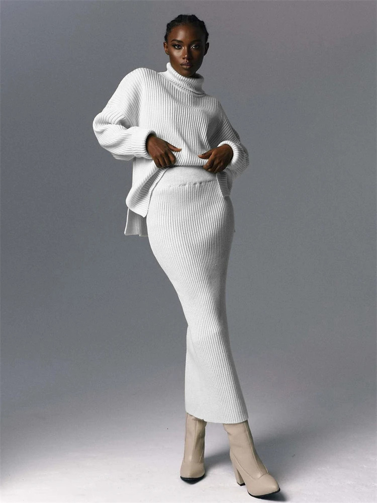 TARUXY Ribbed Knit 2 Piece Dress Set Outfits Ladies Knitwear Top And Midi Skirt Sets For Women Casual Winter Sweater Sets 240809