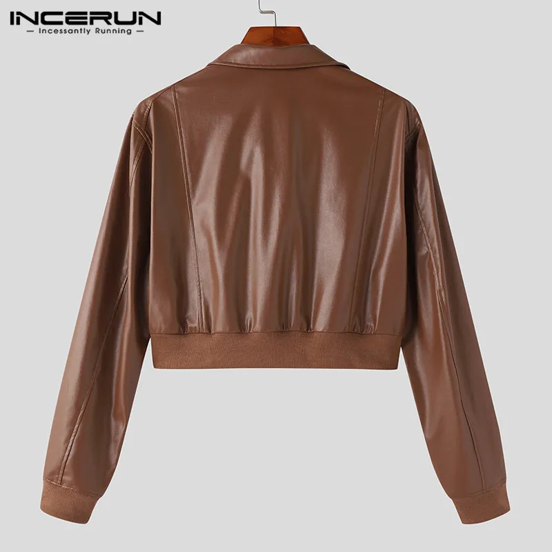 INCERUN Tops 2024 Korean style mens zipper shoulder pad cut jacket casual loose solid long sleeved leather S5XL 240808