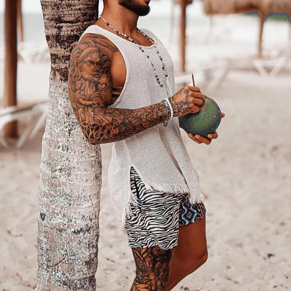 Mens Vest Summer Beach Vacation Vintage Sleeveless Male Clothing Tops Solid Color Crew Neck Loose Causal Mens Tank Tops S-3XL 240808