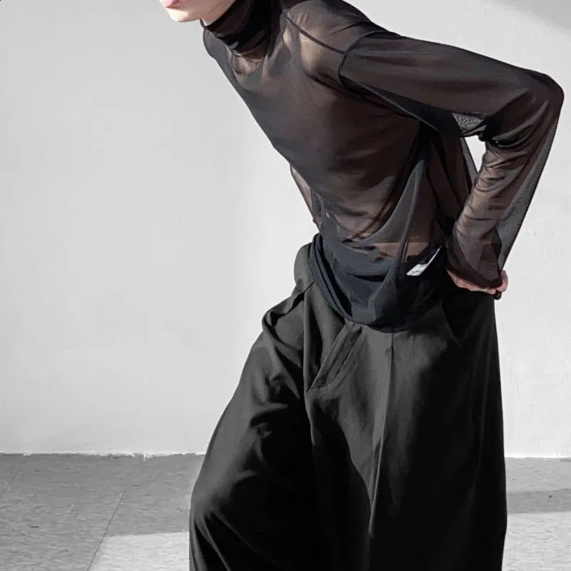 Man Summer Fashion Long Sleeve Net Yarn Tops Turtleneck All-match Solid Color Sunscreen Clothing T-shirt 240809