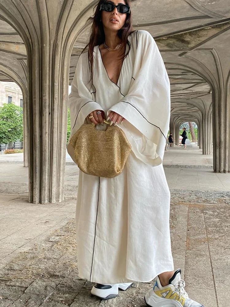 Loose Print Lace Up Maxi Dress Women Fashion White V-neck Long Sleeve Female Dresses Summer Casual Lady Contrast Dubai Robe 240808