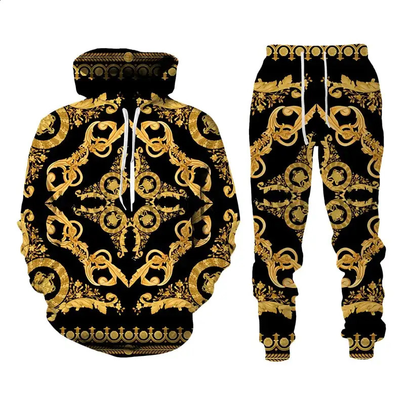 Mens Hoodie Set Baroque Style Sweatsuit 3D Printed Crown Golden Chain Hoodie Sweatsuit Casual Mens Pullover Tracksuit Set 240809