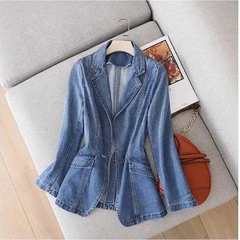 Vintage Suit Women Jeans Jacket Casual Tops Loose Short Denim Blazer Outwear Female Cowboy Basic Coat Spring Autumn 240808