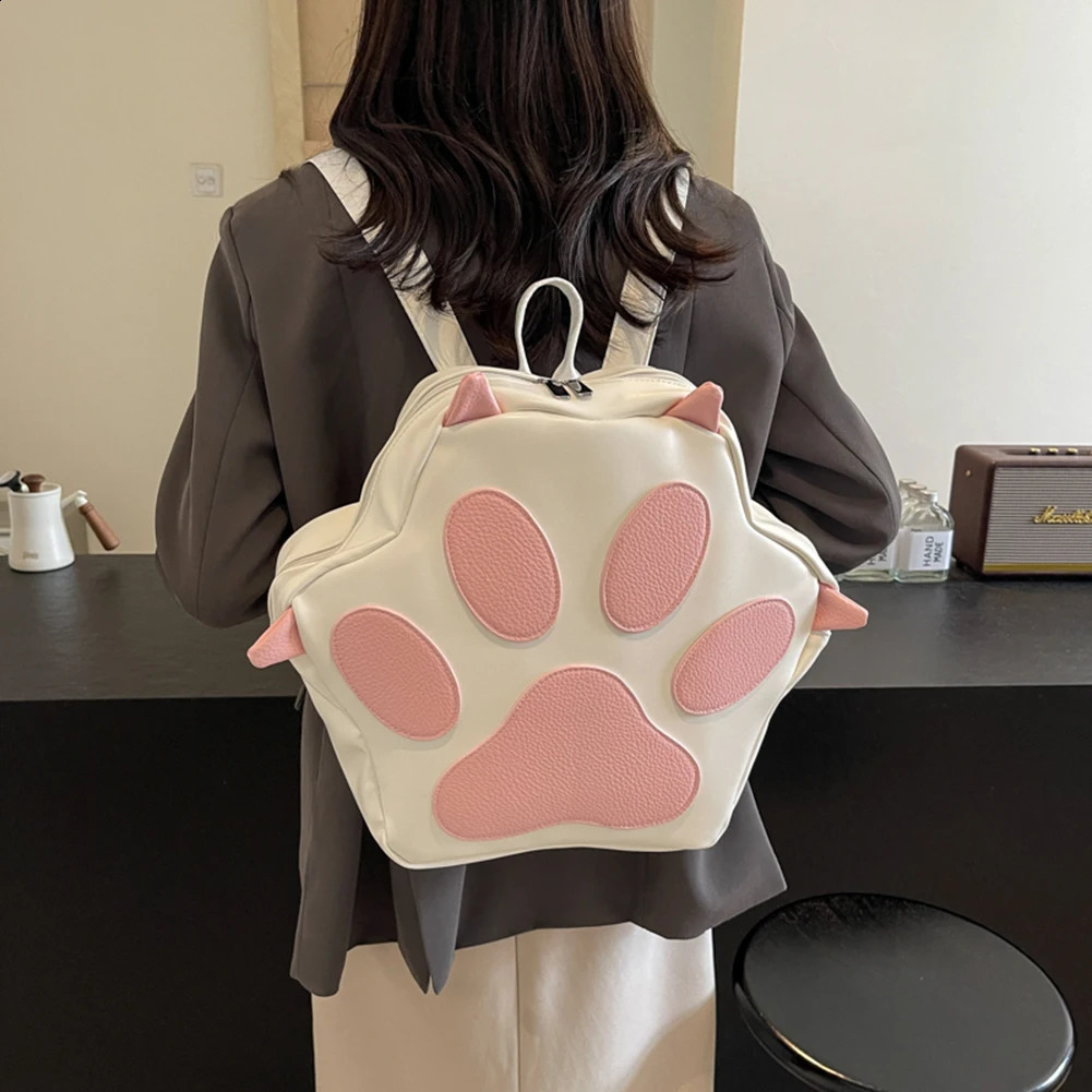 Cute Cat Paw Aesthetic PU Leather Cartoon Backpack Adjustable Straps School Bag with Zipper for Teen Girls 240809