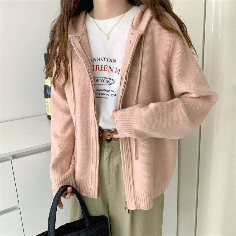 Womens Hooded Sweater Top Small Early Autumn Style New Autumn and Winter Jacket Solid Color Cardigan Womens Knitted