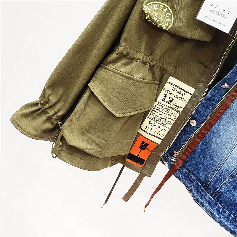 Spring Autumn High Quality Lapel Long Sleeve Loose Vintage Denim Patchwork Hit Color Women Jacket Casual Jeans Jacket 240809