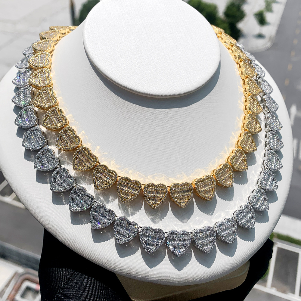 Hip Hop Heart Shape T Zircon Tennis Chain Necklace 18K Real Gold Plated Engagement Jewelry for Lover Men Women Couple