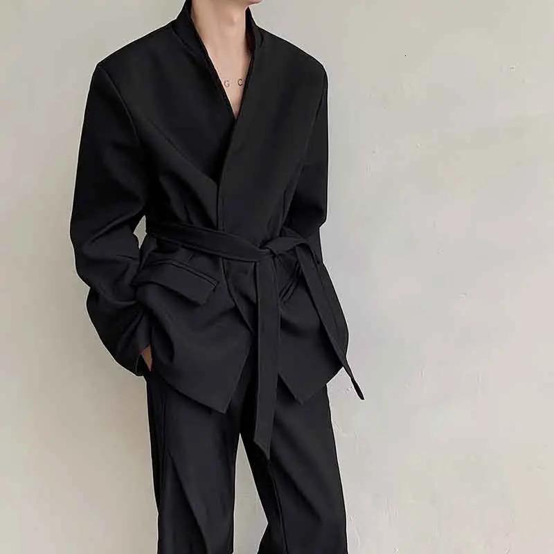 NOYMEI Temperment Black Suit Jack Belt Fashionable 2024 Spring Mens All match sexy jacket collarless mens WA3766 240808