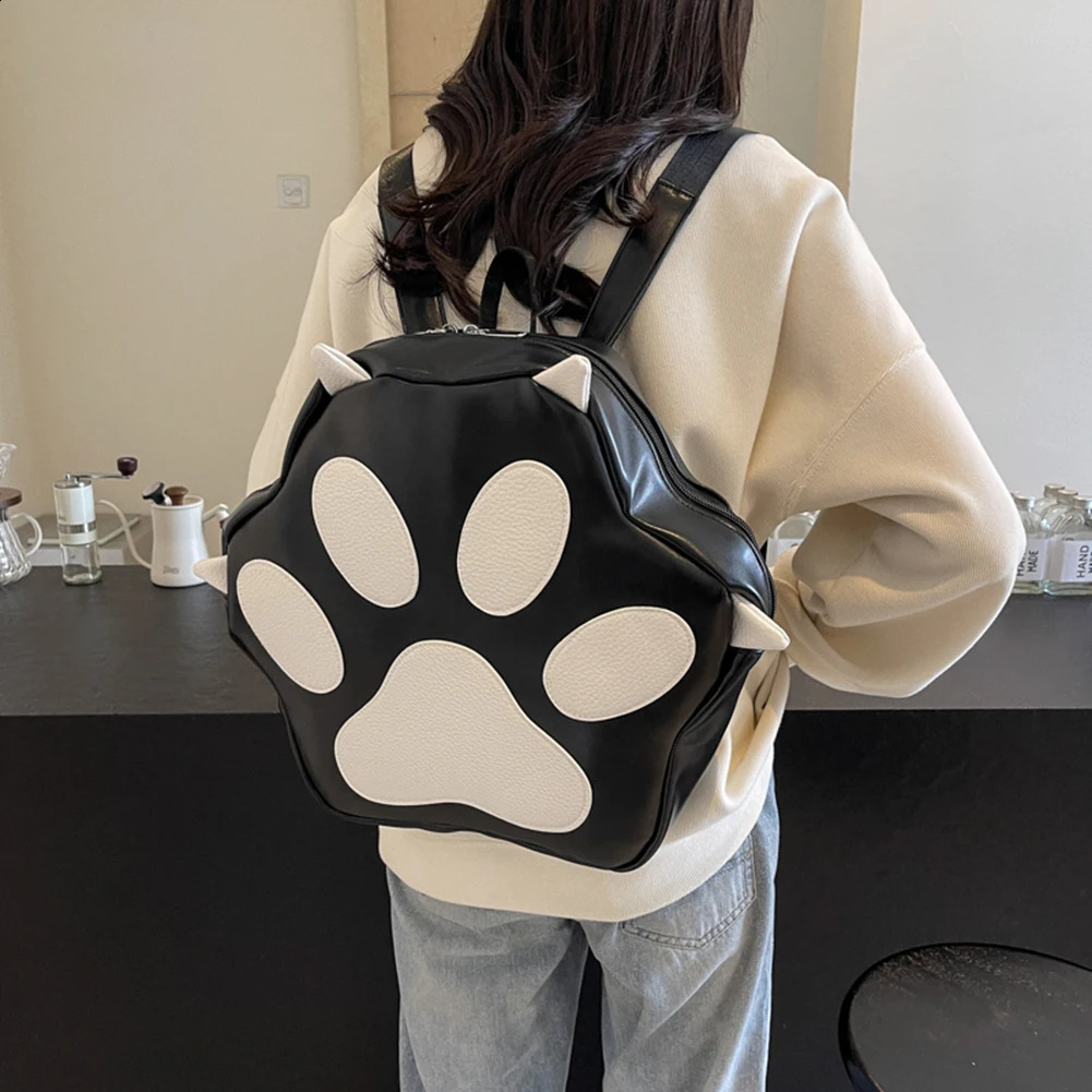 Cute Cat Paw Aesthetic PU Leather Cartoon Backpack Adjustable Straps School Bag with Zipper for Teen Girls 240809