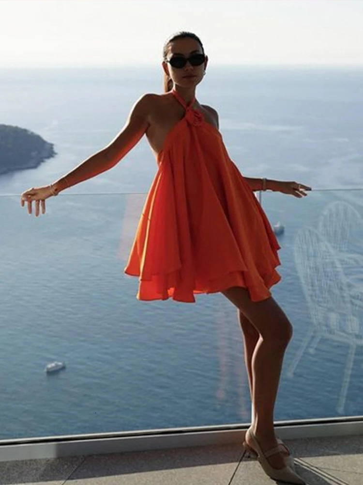 Womens flower rack fashion summer mini dress latest solid sleeveless strapless womens party beachwear 240809