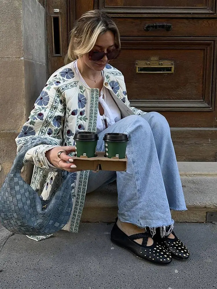 Womens Lace Up Cotton Jacket Autumn And Winter Floral Print Cardigan Quilted Elegant Ladies Street Outerwear y240824