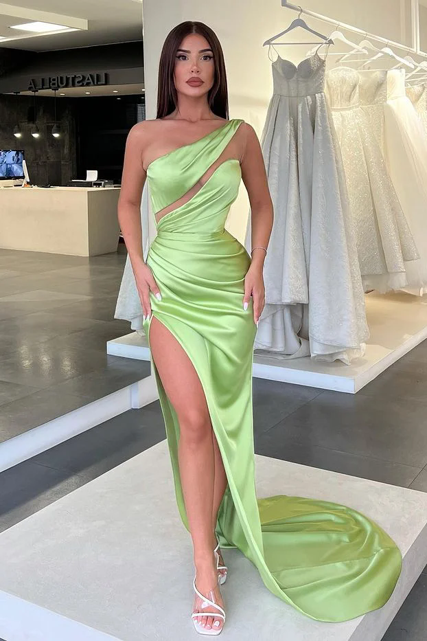 Saudi Arabic Green Evening Dresses Satin One Shoulder Long Women Prom Gowns Formal Party Dress Leg Slit Robes De Soiree