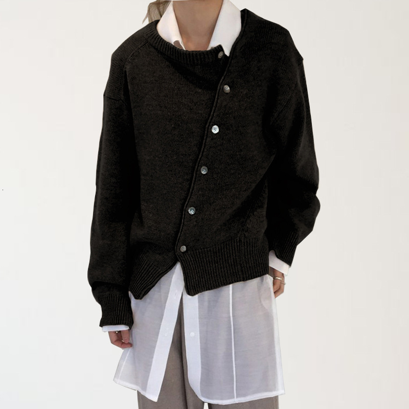 Spring New Korean Version Diagonal Buckle Irregular Design Lazy Style Sweater Cardigan Round Neck Knitted Jacket for Women