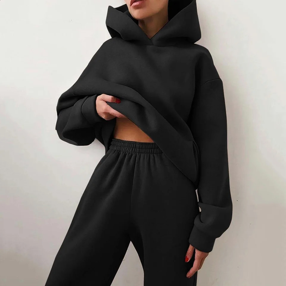 Stylish 2 Piece Women Tracksuit Autumn Winter Hoodies Top Pant Sweatshirts Sweatpants Jogging Pant Outfits Solid Color 240809