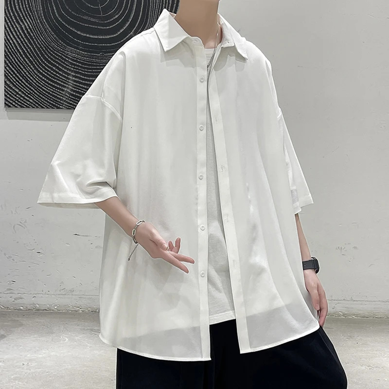 KAPMENTS Korean Fashion Plain Shirt Summer Mends Oversized Vintage White Blouses Japanese Streetwear Short Sleeve Shirt 240808